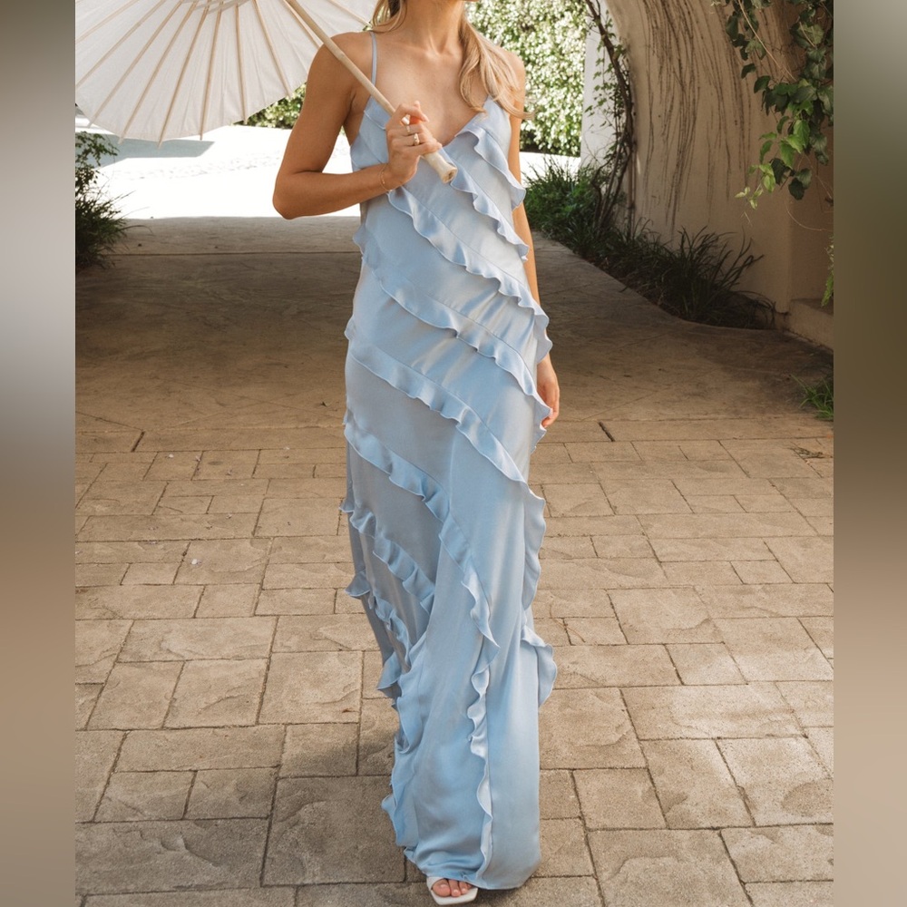 NWT Show me your Mumu Wedding Romance Ruffle Dress Steel Blue Luxe Satin Large
